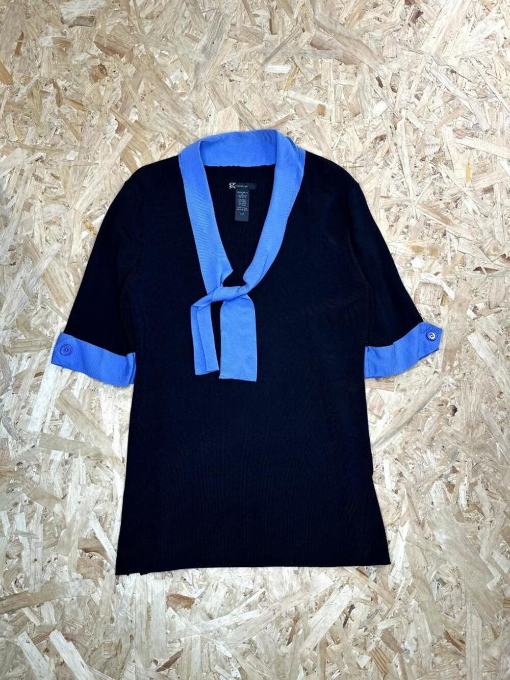 George Signature Knit Top Womens Large Black Blue Tie Neck Short Sleeve Sweater